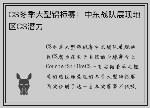 CS冬季大型锦标赛：中东战队展现地区CS潜力
