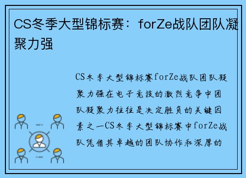CS冬季大型锦标赛：forZe战队团队凝聚力强